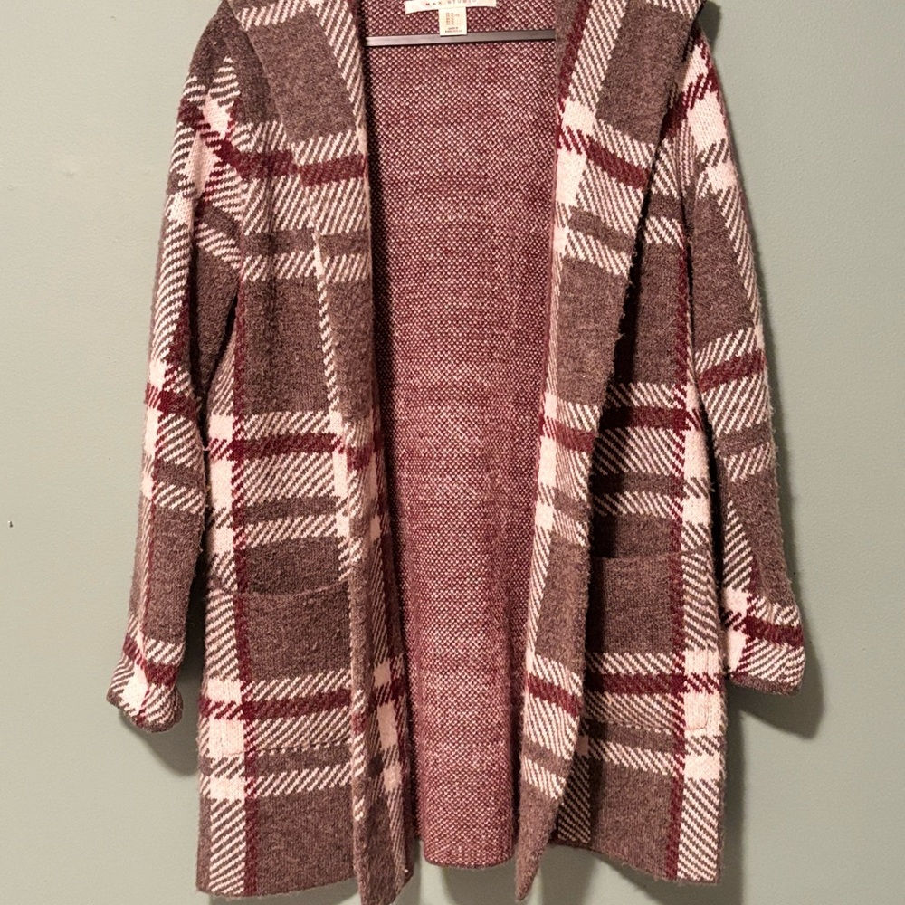 Max Studio Plaid Open-Front Cardigan - Red and Cream